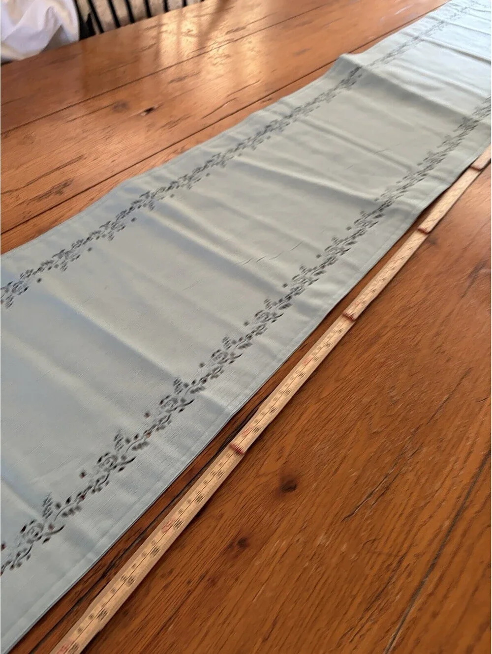 Vintage Style Table Runner Solid Blue Green With Cutwork Floral Border  12x68”